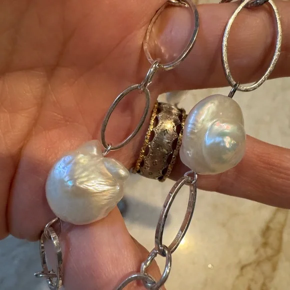 Freshwater Pearl Station Silver Chain Necklace - White - Picture 5 of 5